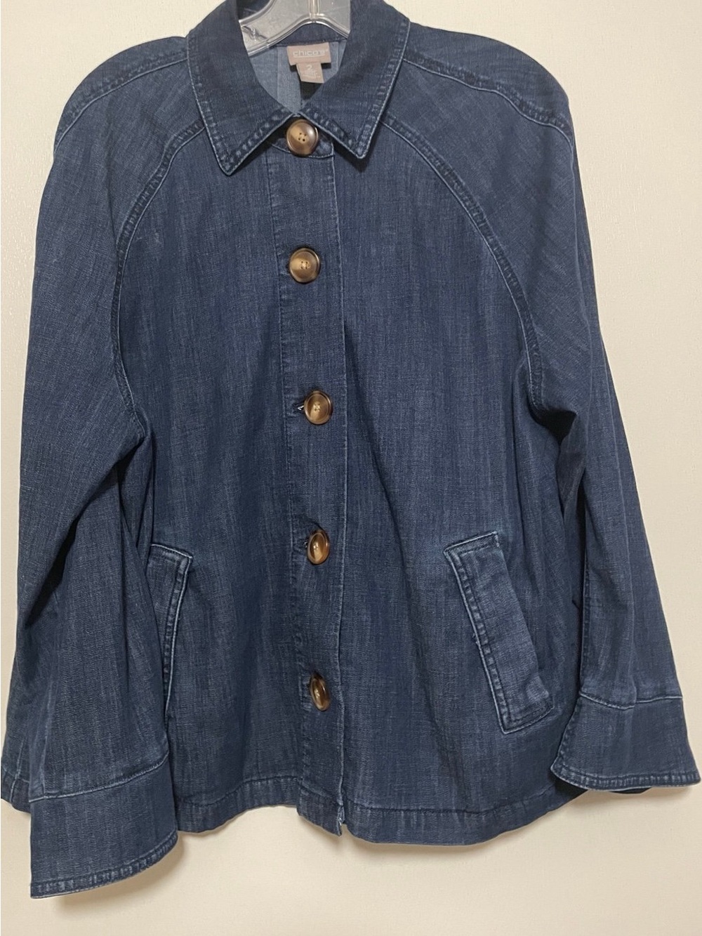 Chico’s (size 2) traditional size L/12 Chambray Top denim Jacket a-line button